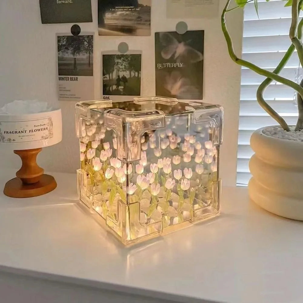 Creative DIY Tulip Night Light Led Decorative Night Lamp Magic Cube Table Lamp and Mirror 2 in 1 for Birthday Gifts Girl Cards