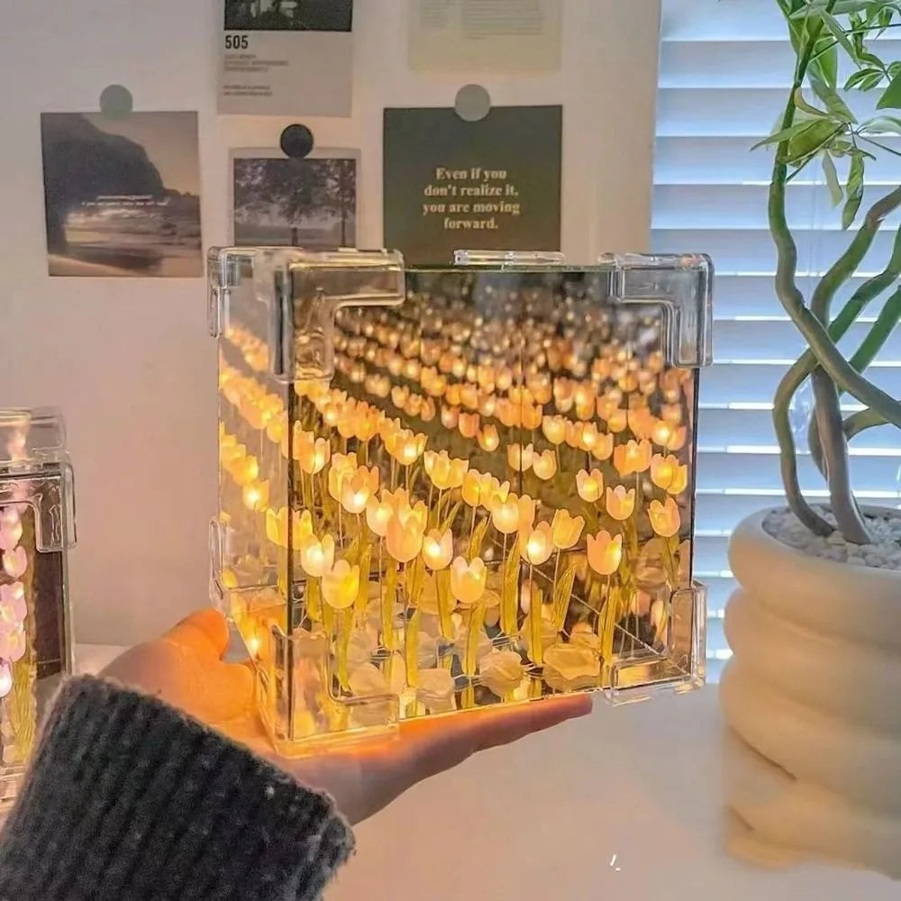Creative DIY Tulip Night Light Led Decorative Night Lamp Magic Cube Table Lamp and Mirror 2 in 1 for Birthday Gifts Girl Cards