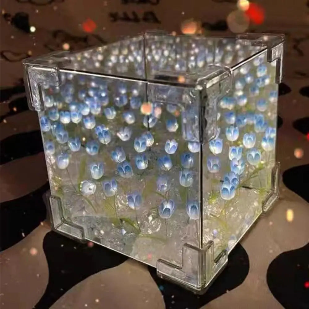 Creative DIY Tulip Night Light Led Decorative Night Lamp Magic Cube Table Lamp and Mirror 2 in 1 for Birthday Gifts Girl Cards