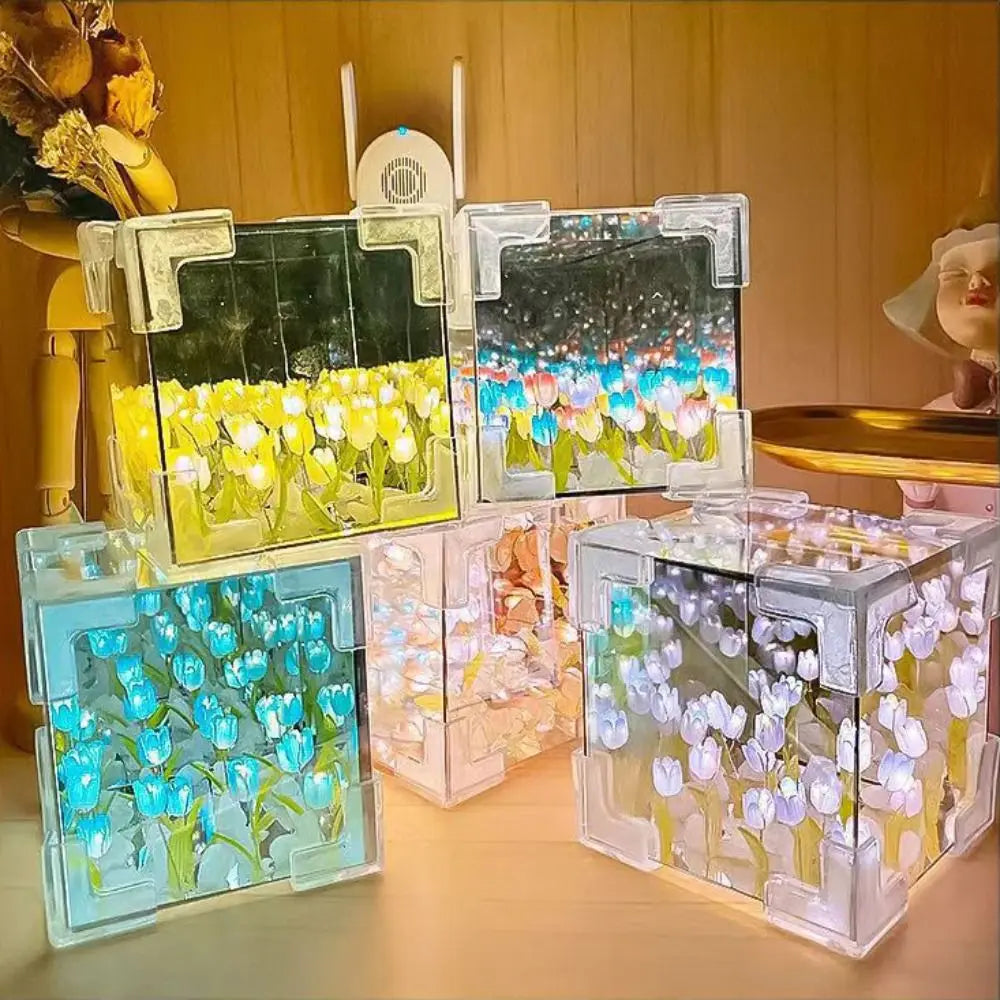 Creative DIY Tulip Night Light Led Decorative Night Lamp Magic Cube Table Lamp and Mirror 2 in 1 for Birthday Gifts Girl Cards