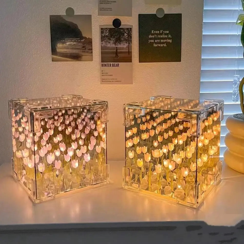 Creative DIY Tulip Night Light Led Decorative Night Lamp Magic Cube Table Lamp and Mirror 2 in 1 for Birthday Gifts Girl Cards