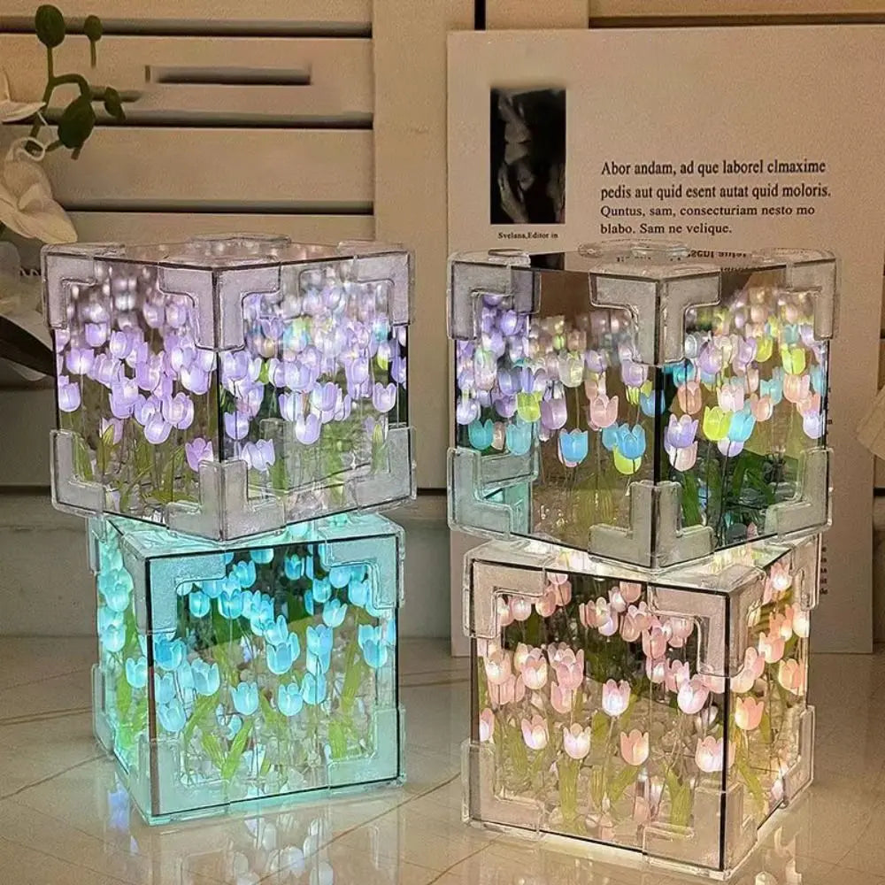 Creative DIY Tulip Night Light Led Decorative Night Lamp Magic Cube Table Lamp and Mirror 2 in 1 for Birthday Gifts Girl Cards