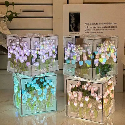 Creative DIY Tulip Night Light Led Decorative Night Lamp Magic Cube Table Lamp and Mirror 2 in 1 for Birthday Gifts Girl Cards
