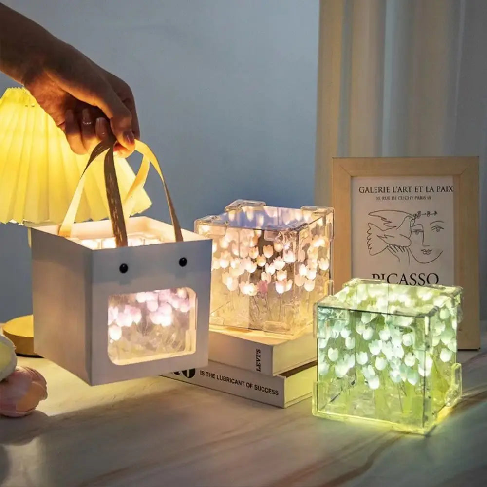 Creative DIY Tulip Night Light Led Decorative Night Lamp Magic Cube Table Lamp and Mirror 2 in 1 for Birthday Gifts Girl Cards