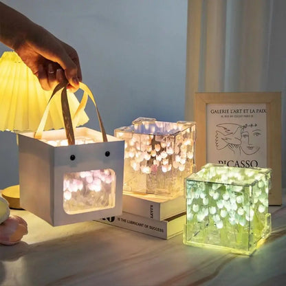 Creative DIY Tulip Night Light Led Decorative Night Lamp Magic Cube Table Lamp and Mirror 2 in 1 for Birthday Gifts Girl Cards